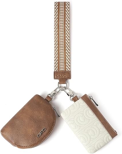 CLUCI Keychain Wallet for Women PU Leather Coin Purse Detachable Dual Pouch Wristlet Wallet Zipper Pocket Beige With Brown